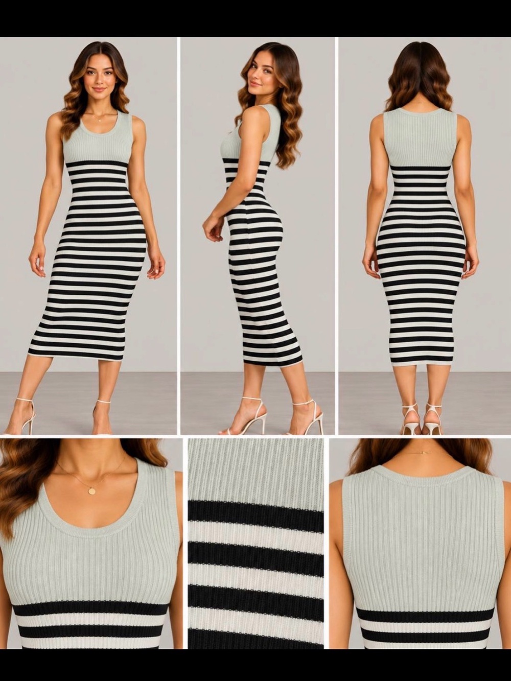 Sleeveless Ribbed Midi Dress in Light Gray and Black Stripes woman size M